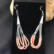 Pink Coral 3 Strands Heishi Liquid Sterling Silver Dangle Earrings 2" 02029