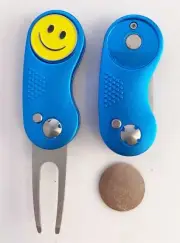 GOLF SWITCHBLADE Happy SMILE FACE Blue DIVOT REPAIR TOOL + Ballmark Yellow