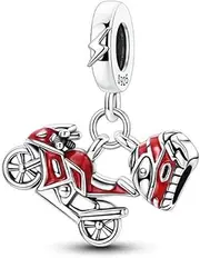 [The Charmery] Red Motorbike and Helmet Charm 925 Silver Charm Compatible with Pandora Charms, Trollbeads, Chamilia, Biagi and Many Other UK Charm Bracelets., Small, Metal, No Gemstone