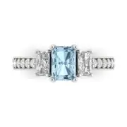 1.74 Emerald Round Cut 3 stone Blue Gemstone Promise Wedding Ring 14k White Gold