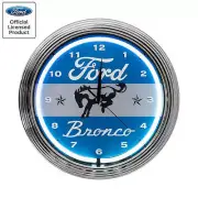 Ford Bronco White & Blue Light Up Neon Garage Man Cave Wall Clock w/ Chrome Trim