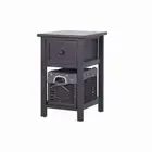Grey Bedside Table with Wicker Basket
