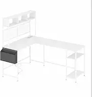 Ufurniture Reversible Corner Computer Desk with Power Outlet 170cm L Shaped Desk with Storage Shelf Work Desk with Led Lights Pegboard, White