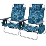 Costway 2x Folding Reclining Beach Chairs Camping Arm Chairs Outdoor Fishing Picnic w/ 5-Position Backrest & Head Pillow