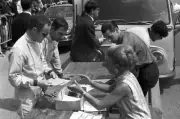 Vic Elford and David Stone at a rally checkpoint 1967 Rally Car Old Photo