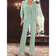 Pantsuit Mother of the Bride Dress Wedding Guest Elegant Simple Square Neck Floor Length Polyester 3/4 Length Sleeve with Solid Color 2025