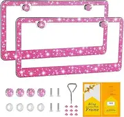 FIISFIIS Bling License Plate Frame for Women,2 Pack Premium Stainless Steel Rhinestone Car License Plate Holder,Handmade Glitter Crystal Diamond Lincense Plate Cover,Bedazzled Sparkly Caps-Pink