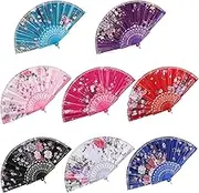 BABEYOND 8pcs Floral Folding Hand Fan Vintage Handheld Lace Folding Fan with Different Flower Patterns Fabric Folding Fan for Wedding Dancing Party (Rose)