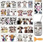 arricraft 10 Pcs Cattle Theme Cup Printing UV Transfer Papers, 10 Styles Highland Cattles Funny Cows PVC DIY Heat Transfer Stickers for 16 OZ Glass Cups Crafts 9.5x4.3inch