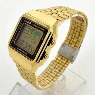 CASIO手錶 金色復古方型地圖電子鋼錶【NECE50】