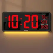 16” Large Digital Wall Clock with Remote Control - Adjustable Dimmer, 7 Color Ni