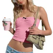 Bow Accent Lace-Trim Pointelle Tube Top Pink - L