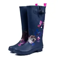 在飛比找momo購物網優惠-【Sp house】藏青花朵天然橡膠低跟女長筒雨靴(2色可選