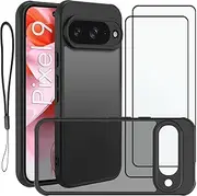 USTIYA 2x Screen Protector + Case for Google Pixel 9 6.3 inch Protection Matte Acrylic Protect Camera Phone Lanyard Tempered Glass Film, Cover Black