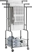 Blissify 42" H Freestanding Towel Rack, 3-Tier Large Towel Stand with Basket, Tall Metal Drying Holder with Pulley, Bathroom Accessories for Living Room Bedroom Hot Tub, Black