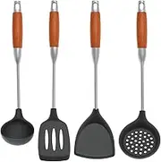4 Pcs Silicone Cooking Utensils Set, Silicone Kitchenware Easy to Clean Heat Resistant Spatula Frying Soup Spoon Ladle Set with Hanging Hole for Restaurant Home Use (Brown)