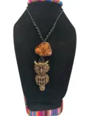 Woven Necklace in Macrame Thread and Wood With Owl Design Andean Community