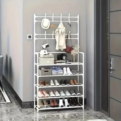 White - 5 - Tier Entryway Rack - Coat, Shoe, Bench, 8 Hooks. Great in any room