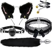 Fox Tail Anal Plug & Cat Ears Headband Set - Furry Adult Sex Accessory, Plush Ears, Choker, Nipple Clamps, Role Play Costume for Women Men (Black)