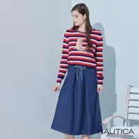 在飛比找momo購物網優惠-【NAUTICA】女裝 前綁帶活褶丹寧半身裙(深藍)