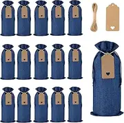 16 Pack Blue Burlap Wine Bags with Drawstring Tags, Ideal for Wedding, Birthday, Travel & Party Gifts, Durable Burlap Bottles Sacks, 5.9x13.8 in, Elegant Wine Packaging
