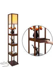 BRIGHTECH Maxwell Brown Wood LED Shelf Floor Lamp With Drawers