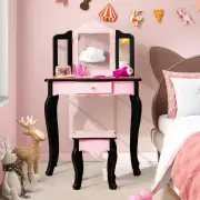CostwayKids Vanity Set with Tri-folding Mirror, Drawer and Stool -Pink-Leopard Print