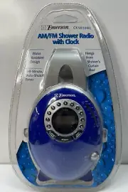 Emerson CK5859 AM / FM Shower Radio with Clock Hanging Water Resistant Blue
