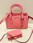 Michael Kors Sheila SM CZ Satchel Crossbody Bag+Bifold Zip Coin Wallet-Carnation
