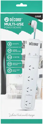Crest Decord Power Board 4 Socket Surge Protected 1.2m