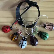 6 BIG LADY BUG BEETLES Wine Glass Charm Rings Set Of 6