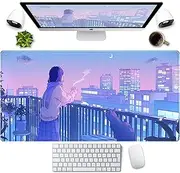 LuckyCow Purple Anime Kawaii Desk Mat Mousepad Cute Cat XXL Large Gaming Japanese Girly Aesthetic Mouse Pad Tokyo Street Mat Girl Gamer Desktop Computer Laptop Keyboard Blue Purple 31.5x15.75x0.12 in