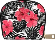 [JEJEA] Red Hibiscus Print Credit Card Holder Wallet, Small Card Holder Wallet with Zipper,Leather Card Holder, White, One Size