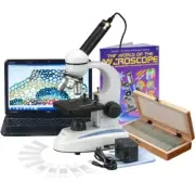 AmScope 40X-1000X Metal Student Compound Microscope, 50 Prep Slide, Book, Camera