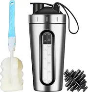 Protein Shaker Bottle, Silver 26oz Shaker Bottles for Protein Mixes and Pre Workout, Visible Window Stainless Steel Protein Shaker Cup with Shaker Ball, Reusable Gym Drink Shaker Cup