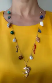 [Haute Victoire] 14K Yellow Gold Multi-Stone Charm Necklace