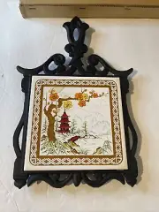 Vintage Tile Trivet Japan PAGODA Bridge River Flower Tree CAST IRON Hand Painted
