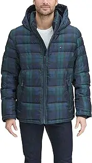 [Tommy Hilfiger] Men's Hooded Puffer Jacket, Black Watch Plaid, XX-Large