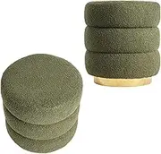 La Bella Round Ottoman Stool Set of 2 – Teddy Fleece Upholstery with Gold Base, Modern Stacked Cushion Design, Accent Footrest or Extra Seat - Dark Green