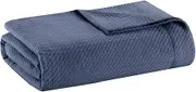 Madison Park Soft Certified 100% Egyptian Cotton Breathable Cozy Blanket, Premium Waffle Knit Classic Design, Luxury All Season Lightweight Cover for Bed, Couch and Sofa, Blue Full/Queen(90"x90")