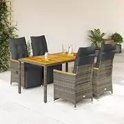 5 Piece Garden Bistro Set with Cushions Grey Poly Rattan Patio Bar Sets