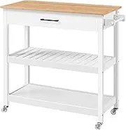 Yaheetech Kitchen Island Cart on Wheels with Bamboo Tabletop, 3-Tier Rolling Kitchen Island Microwave Cart with Drawer, Detachable Towel, 3 Hooks, 17″D × 37.5″W, White