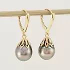 Baroque Black Tahitian Pearl Shield Lever Dangle Earrings – 14k Yellow Gold
