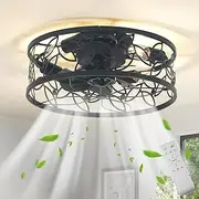 Jaycomey 18in Caged Ceiling Fan with Light,Rustic Farmhouse Ceiling Fans with Lights and Remote,Bladeless Black Fandelier Ceiling Fan,Small Flush Mount Ceiling Fan for Kitchen, Bedroom