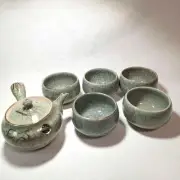 Soma Yaki Ceramic Teapot & 5 Teacups Set - Vintage Japan Pottery