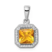 Sterling Silver Rhodium Plated Clear Cz And Square Yellow Pendant