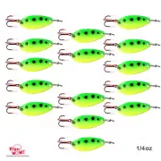 15pcs Chartreuse Fish WOW! 1/4oz Fishing Spoons Treble Red Hook Duo Lock Snap