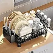 Dish Drying Rack, Detachable Dish Drainers Rack for Kitchen Counter, Multifunctional Storage Rack with Drainboard, Large Capacity Metal Dish Drainer Organizer with Utensil Holder Cup Holder (Black)