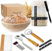 Banneton Sourdough Bread Proofing Basket Set,9 Inch Round Sourdough Starter Kit,Bread Baking Supplies Tools for Beginners,Bread Proofing Bowls with Sourdough Starter Jar,Dough Whisk,Dough Scraper
