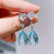 Lab-Created Aquamarine 4.00Ct Pear Cut Drop/Dangle Earrings White Gold Plated